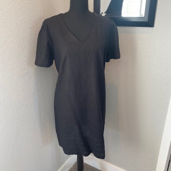 NWT NICOLE MILLER Original Black Linen Short Sleeve VNeck Dress Medium - Picture 2 of 16